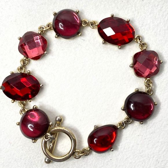 Chain Bracelet Burgundy Red Faceted Cabochon Stones Gold Tone Setting Toggle - Picture 3 of 9